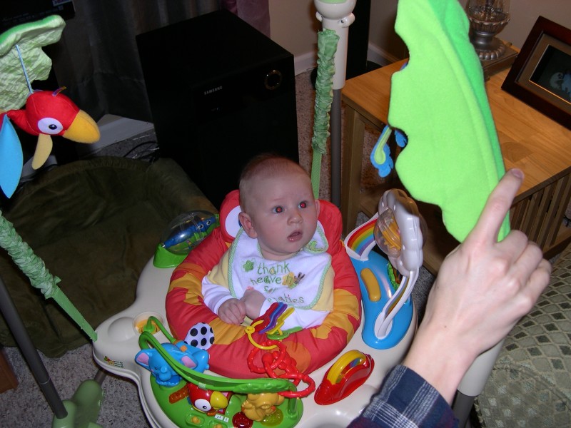 Nicky watching the frog in the Jumperoo