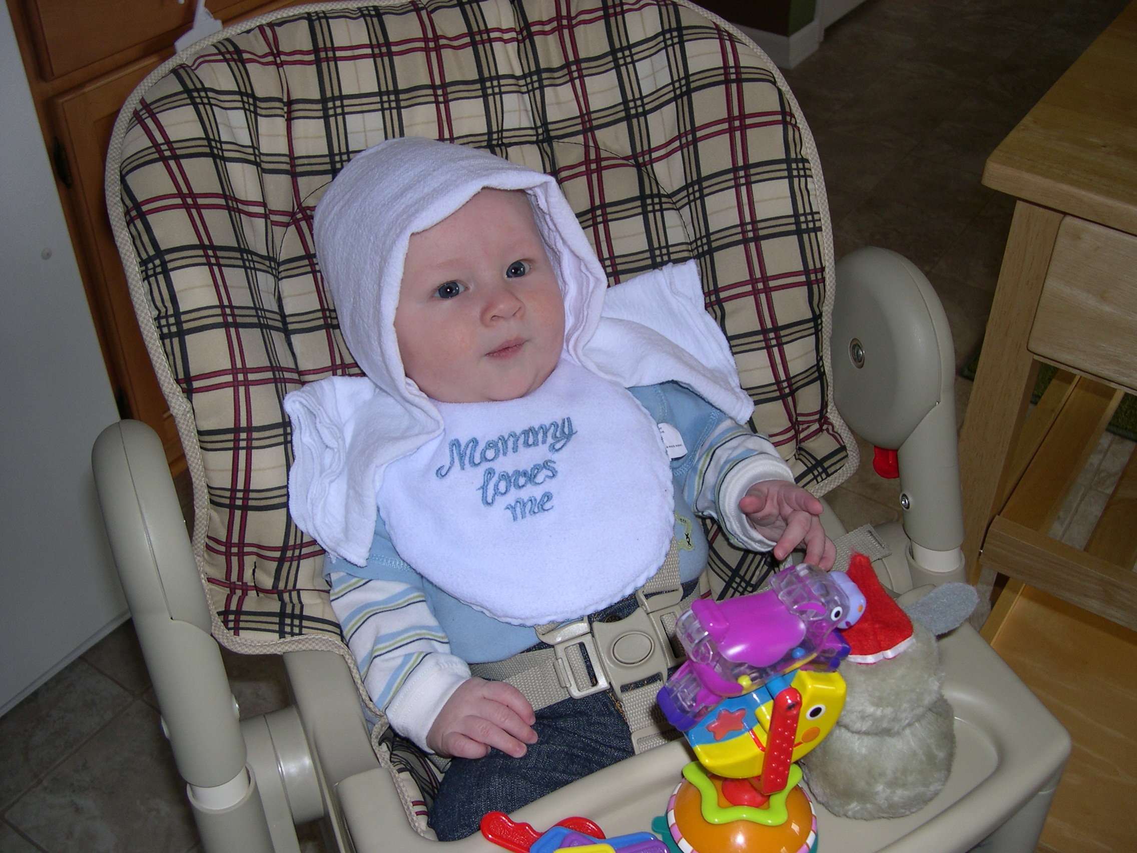 Daddy was silly with a burp cloth on Nicky's head!