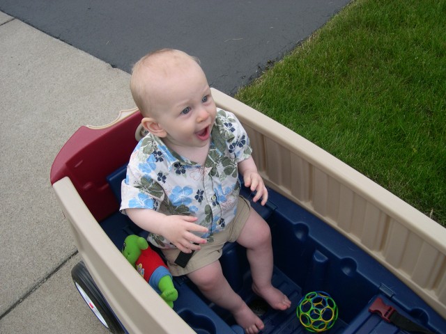 Nicky likes riding in the wagon!