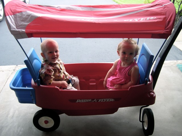 Nicky and Rylie try out Rylie's new Radio Flyer