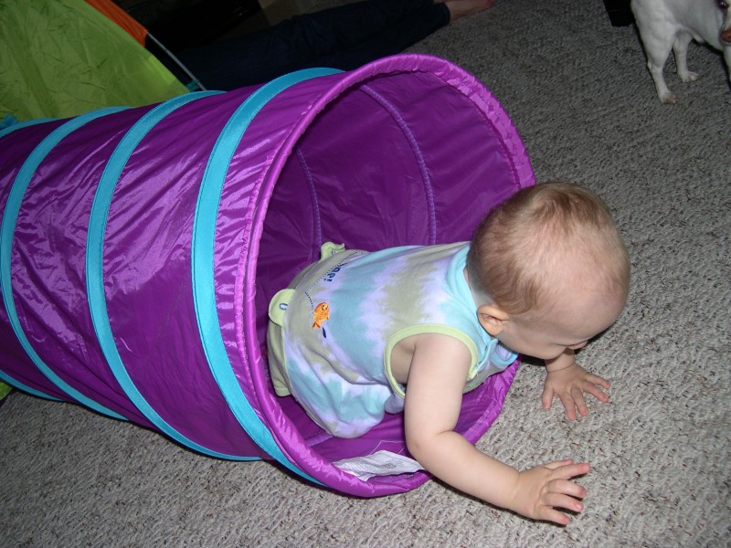 Nicky crawling out of the tunnel