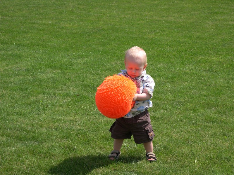 Nicky loves his big koosh ball from Great Grandma Nancy!