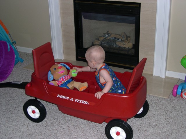 Nicky and the Learning Puppy enjoying his new wagon!