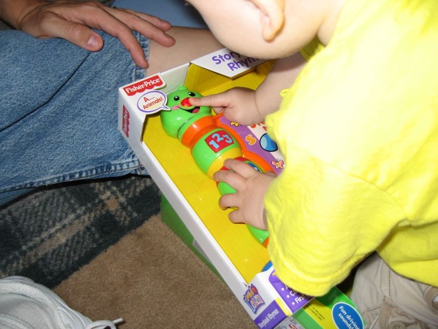 Nicky checking out his present from Great Aunt Tricia and Great Uncle Don