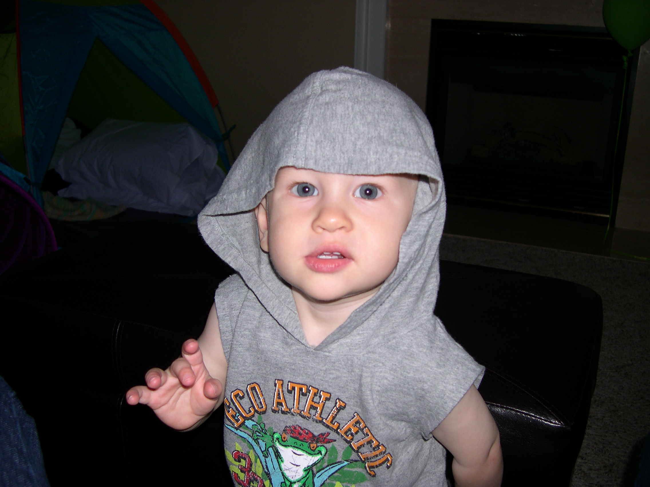 Nicky chillin' in his hoodie from Grandma Karen and Grandpa Ken