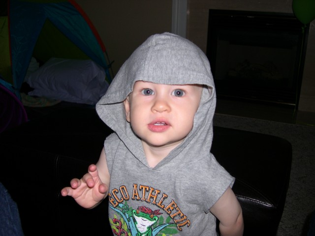 Nicky chillin' in his hoodie from Grandma Karen and Grandpa Ken