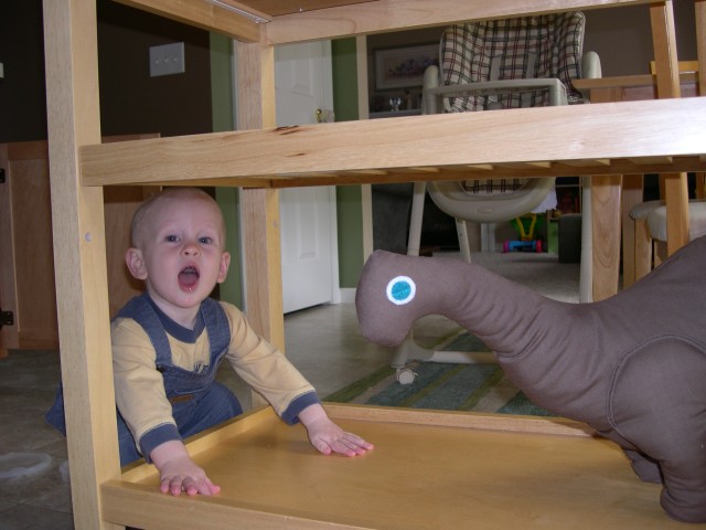 Nicky playing with the dinosaur that used to be Daddy's when he was little.