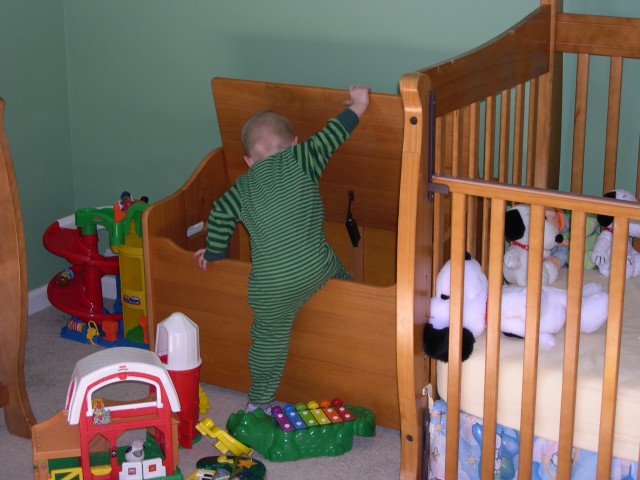 Climbing into the toy chest