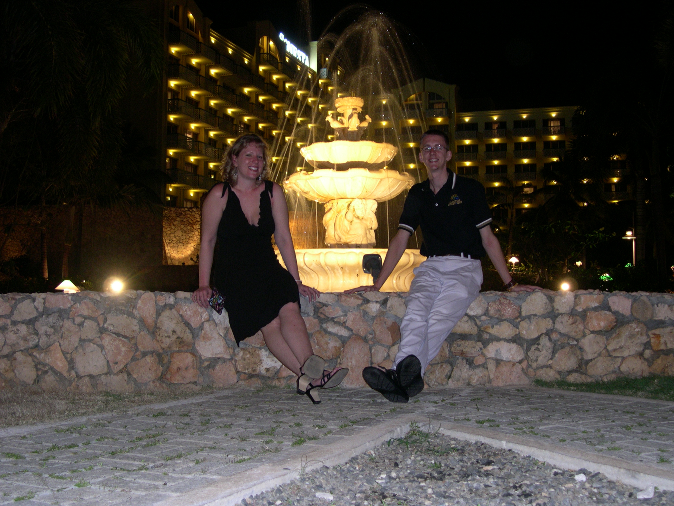 Chuck and Jen after dinner in front of a fountain on the hotel grounds