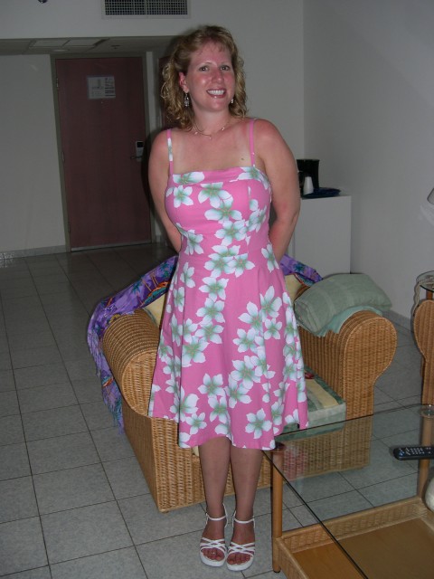 Jen sporting one of her thrifty dress purchases