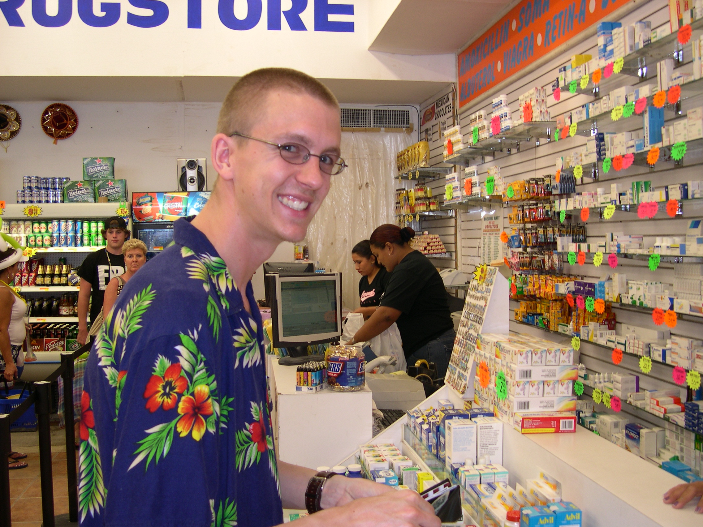 Chuck buying some items at Cozumel Mart